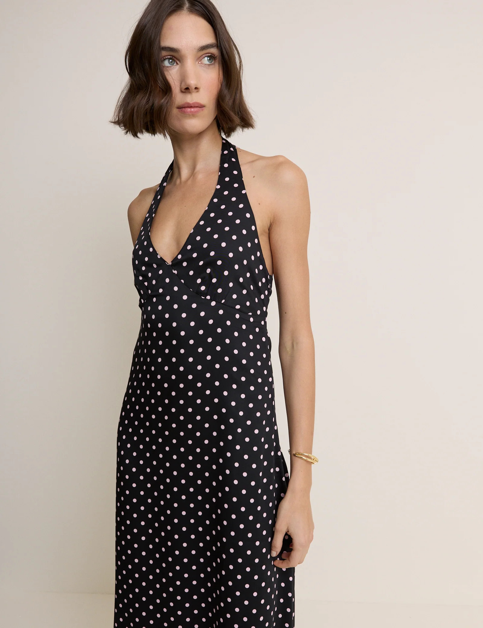 Black Polka Dot Halterneck Lynette Midi Dress | Nobody's Child