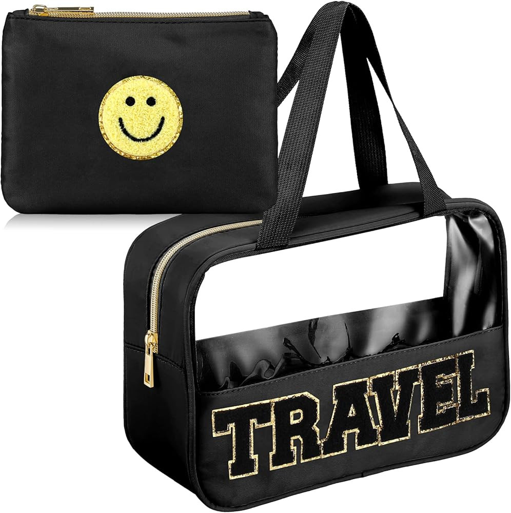 2 Pieces Preppy Makeup Bag Chenille Letter Patches Clear Travel Cosmetic Bag Waterproof Nylon Cos... | Amazon (US)