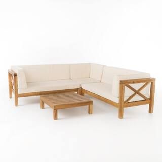 Noble House Brava Teak Finish 4-Piece Wood Outdoor Sectional Set with Beige Cushions 55321 - The ... | The Home Depot
