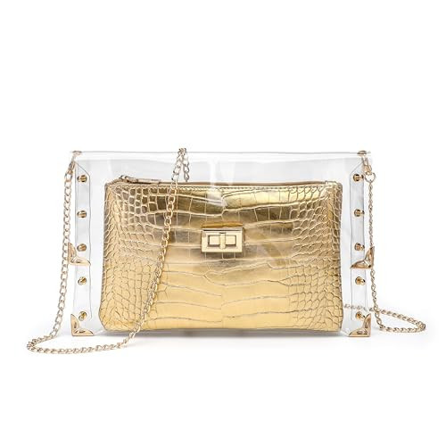 SharPlus Women Clear Clutch Handbag Envelope Evening Bag Purse with PU Leather Pouch for Prom, Wedding, Party (Gold) | Amazon (US)