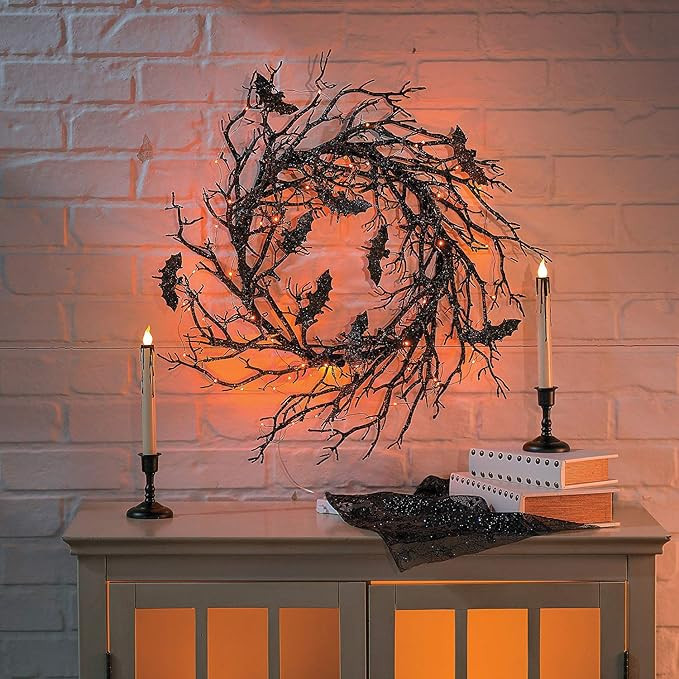 Fun Express Halloween Wreath 26" Light Up Black Bat Twig Wreath for Front Door - Spooky Gothic Ou... | Amazon (US)