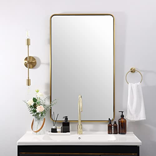 ANDY STAR 24x40 Inch Gold Bathroom Mirror, Rounded Rectangle Mirror, Brushed Brass Bathroom Vanity Mirror Oblong Tube Metal Framed, SUS304-Anti-Rust, Wall-Mounted Horizontal/Vertical 1’’ Deep | Amazon (US)
