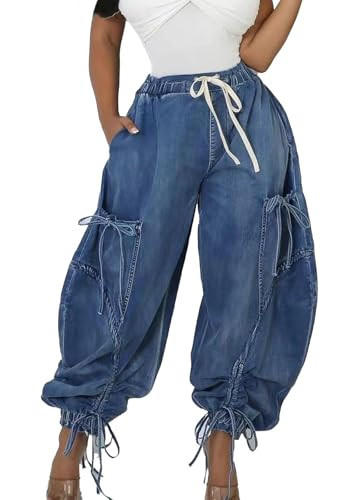 Voghtic Women's Baggy Y2K Elastic Waisted Jeans Bow-Knot Drawstring Pull-On Cargo Denim Pants Harem Pants Streetwear Blue | Amazon (US)