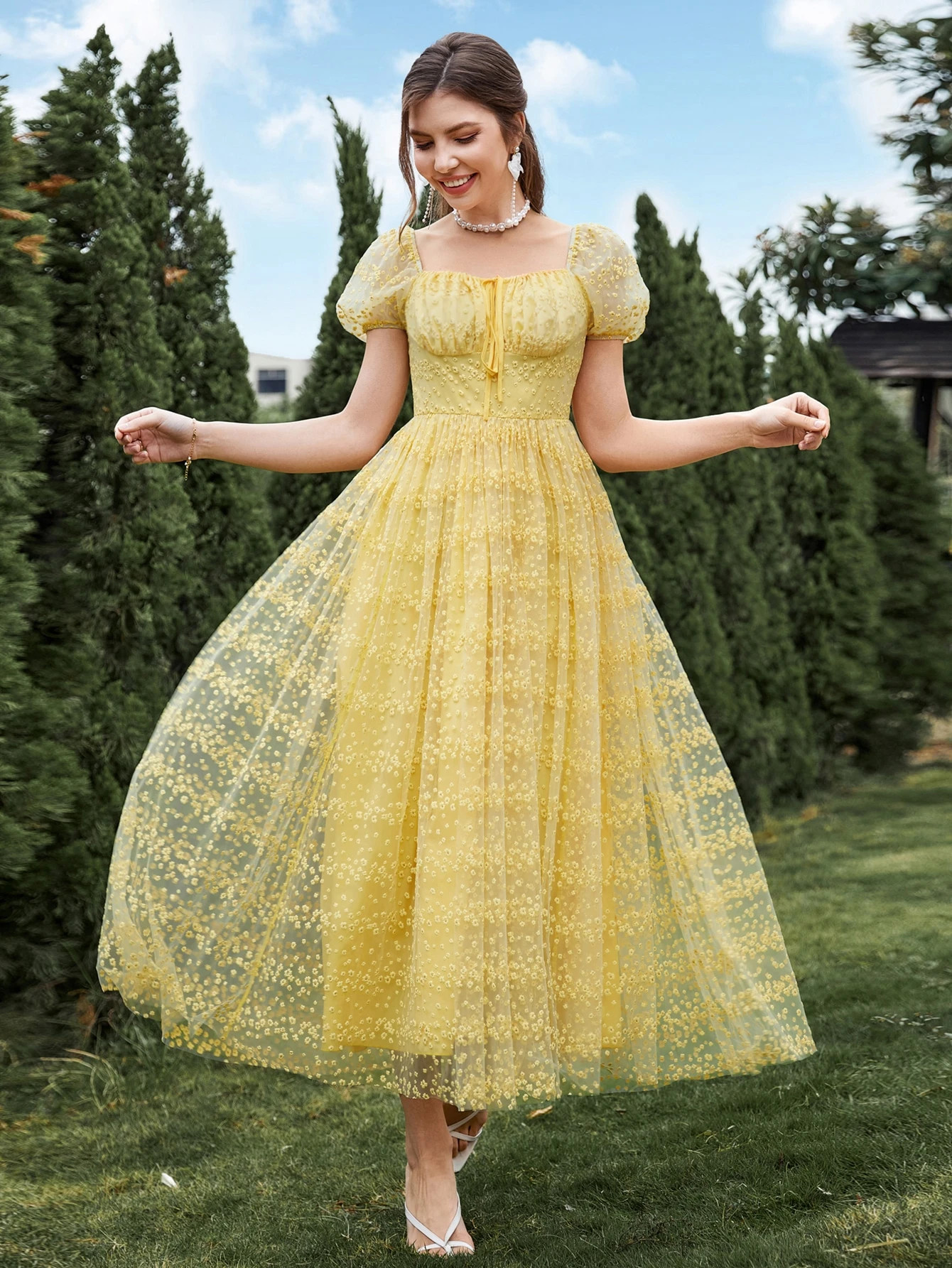 Knot Front Ruched Bust Puff Sleeve Floral Embroidery Mesh Dress | SHEIN