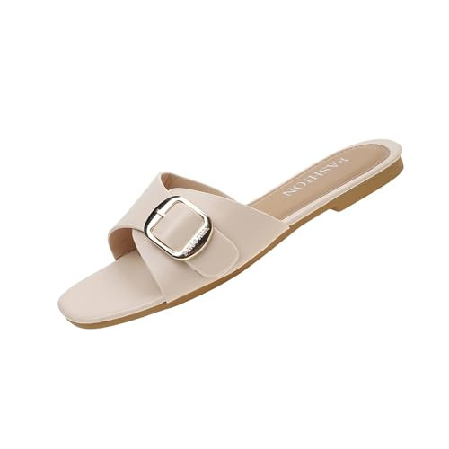Women's Flat Sandals Fashion Square Open Toe Slides With Metal Chain Summer Casual Non Slip Lightweight Slippers（Beige，7.5 | Amazon (US)