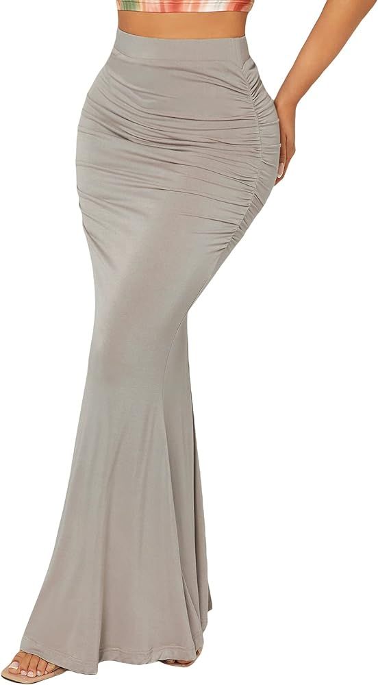 Verdusa Women's Casual Ruched High Waisted Fishtail Mermaid Bodycon Long Maxi Skirt | Amazon (US)