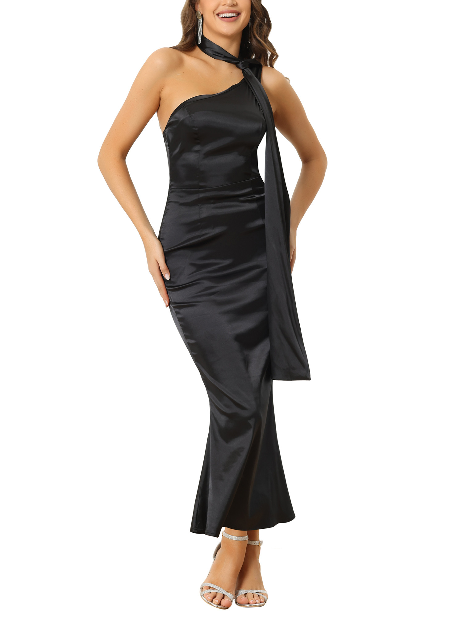 Allegra K Elegant Satin Midi Dress for Women's Flowy One Shoulder Backless Bridesmaid Cocktail Pa... | Walmart (US)