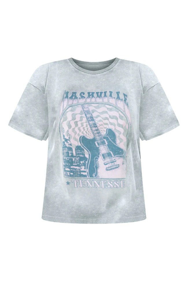 Nashville Sage Acid Wash Rolled Sleeve Graphic Tee | Pink Lily