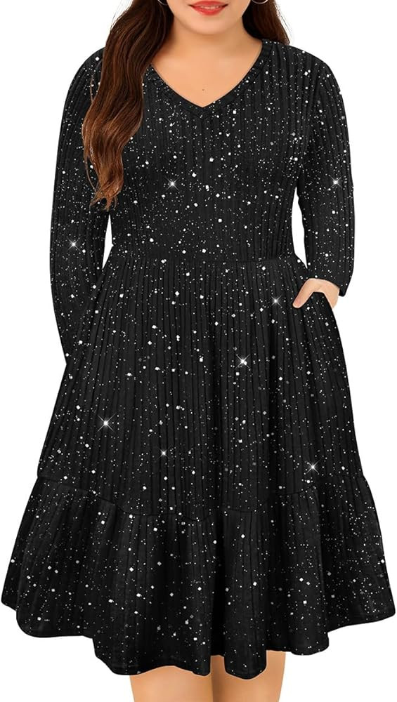 CARCOS Plus Size Dresses for Curvy Women Crew/Vneck Long Sleeve Dresses Ladies Knee Long Fall Win... | Amazon (US)