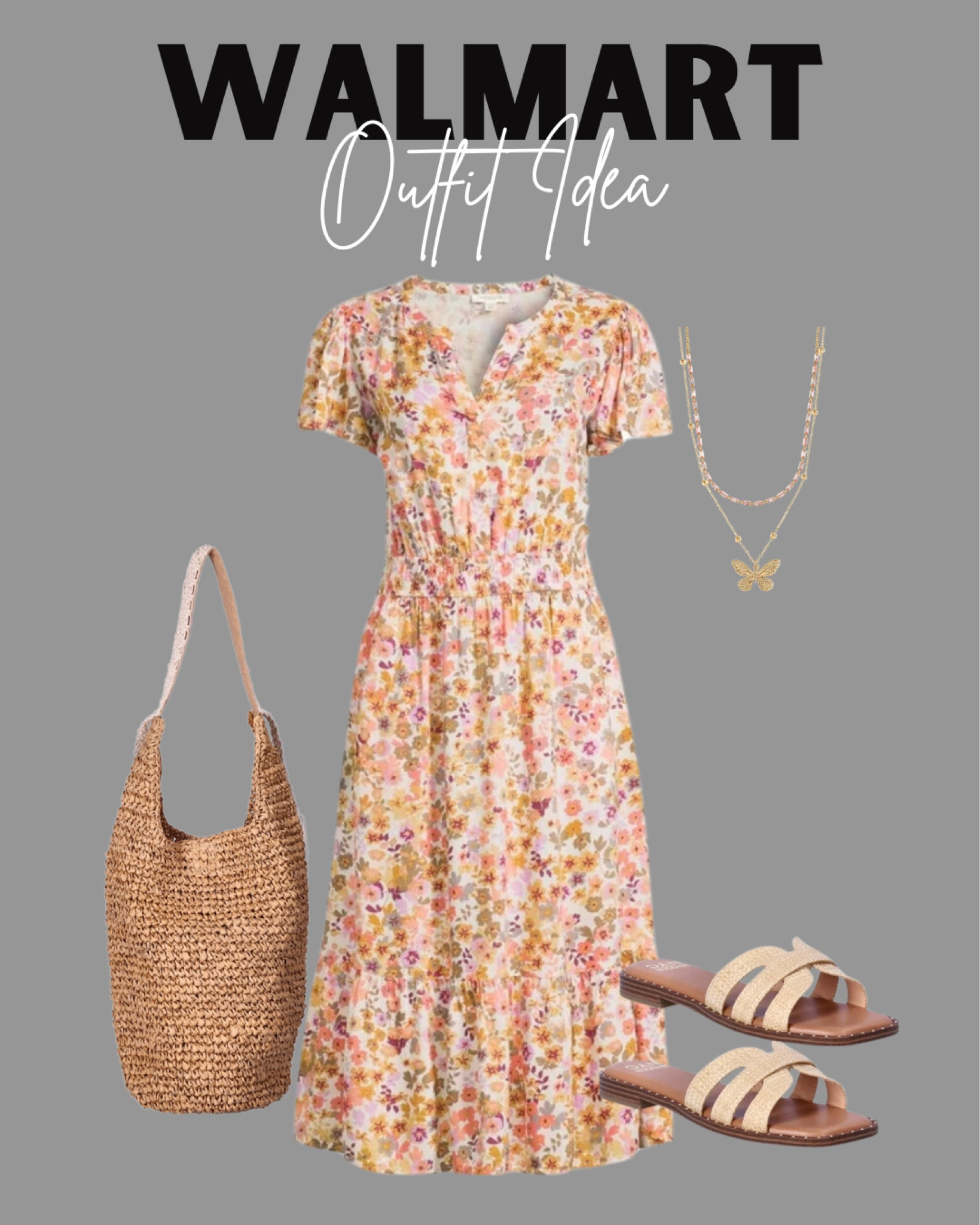 Walmart spring outfit idea 
.
.
.
.
#walmart #walmartfashion #walmartstyle 
Summer dress. Spring dress. Spring outfit. Spring outfit inspo. Floral dress. Midi dress. Outfit inspo. New arrivals. Slide sandals. Gold butterfly necklace. Raffia tote bag. Straw tote bag. Cute spring style. Time and tru. No boundaries 

#LTKSpringSale #LTKstyletip #LTKfindsunder100