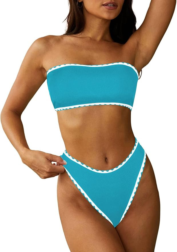 ZAFUL Women Strapless Wave Bandeau Bikini 2 Piece Swimwear Cheeky Solid Lace up Bathing Suits | Amazon (US)