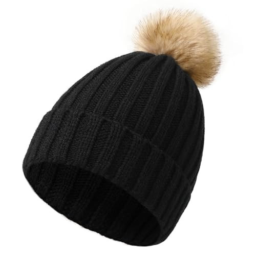 DOFOWORK Beanies Women - Winter Hats for Women with Faux Fur Pom Warm Knit Skull Cap, Womens Beanie - Black | Amazon (US)