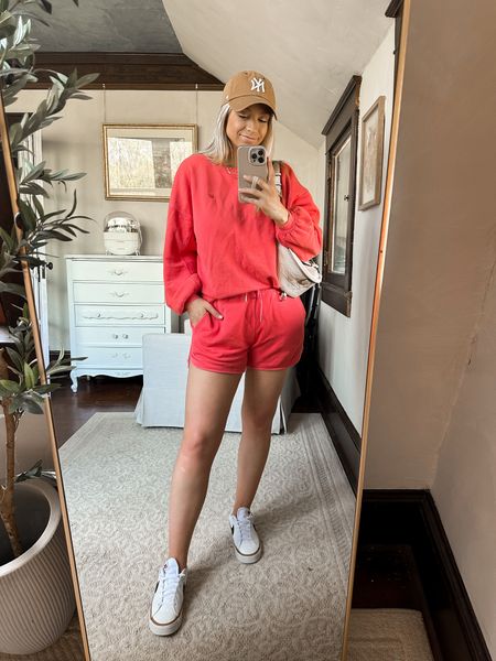 Cozy set from aerie! Wearing a small in both. Linked other colors because red is super low in stock! 
White sneakers 
Nike court sneakers