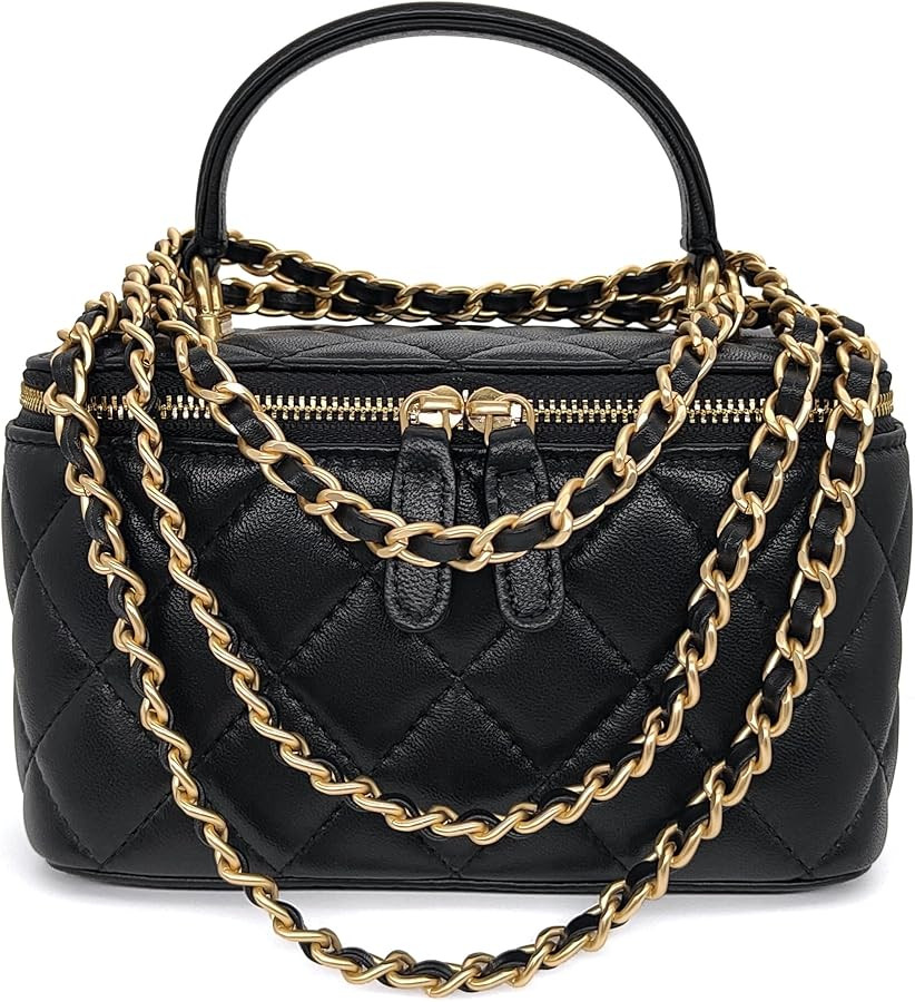 Small Genuine Leather Purse Quilted Crossbody Bag for Women, Mini Top-Handle Shoulder Handbag w/G... | Amazon (US)