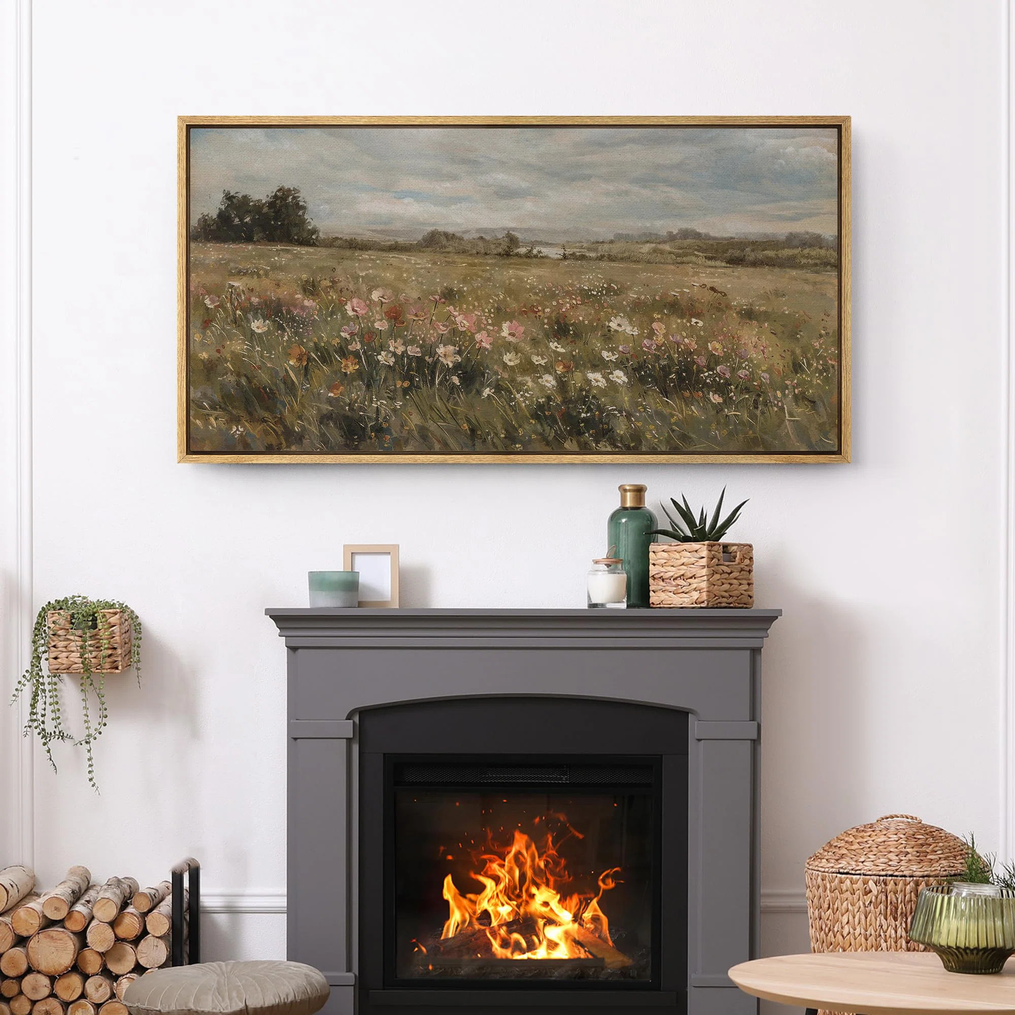 wall26 Countryside Wildflowers Landscape Rustic French Artwork - Extra Large Framed Wall Art Canv... | Wayfair North America