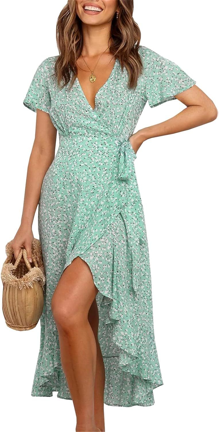 Imysty Womens Boho Floral Printed V Neck Wrap Dresses Short Sleeve Casual Beach Maxi Long Dress | Amazon (US)