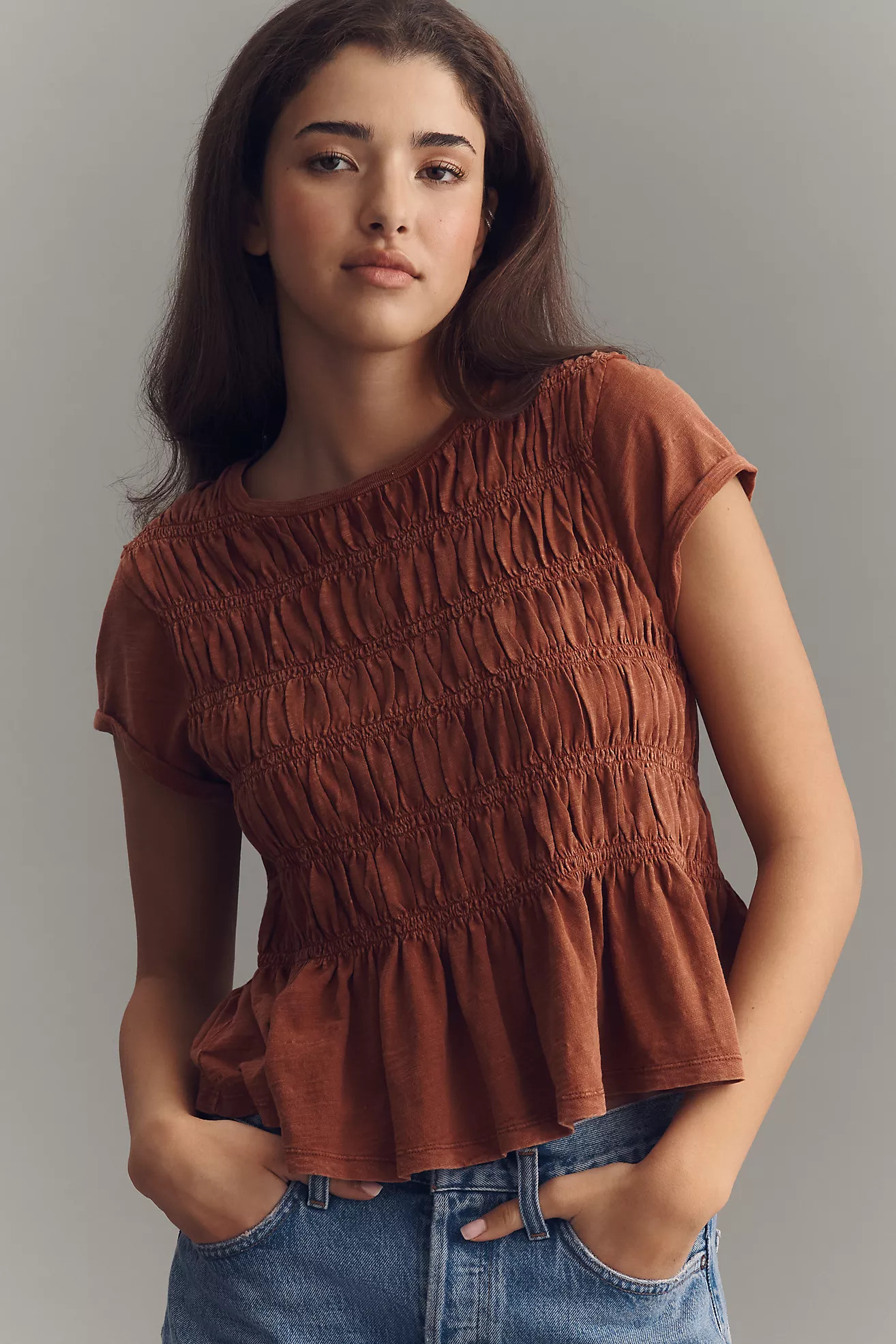 Pilcro Tabby Cotton Smocked Peplum Tee | Anthropologie (US)
