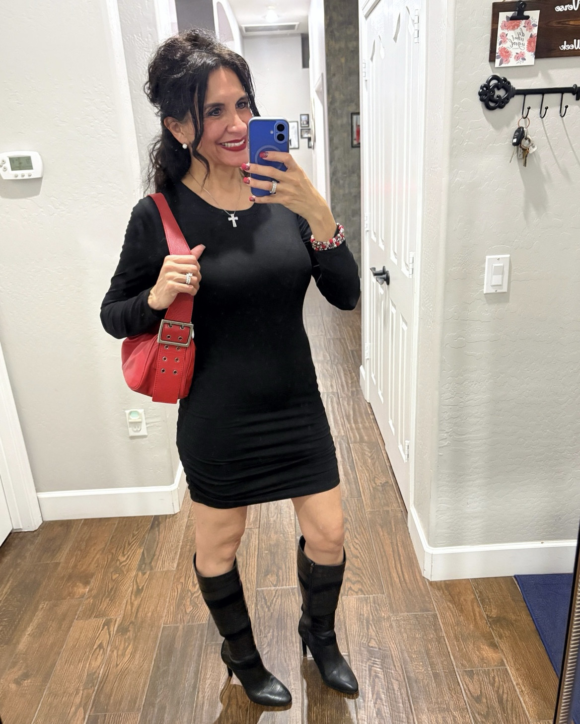 Timeless black dress (comes in 9 colors)  that works for Christmas gatherings and New Year’s Eve 🖤✨ can’t believe this is Amazon—and the price is so good!  My red purse is old but is from @Freepeople 
👉 Shop this look on my LTK

#LTKHoliday #LTKFindsUnder50 #LTKOver40