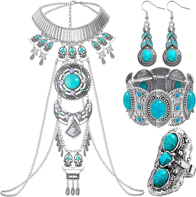 4 Pieces Boho Jewelry Set Includes Boho Statement Turquoise Necklace Body Chains Alloy Oval Resin... | Amazon (US)