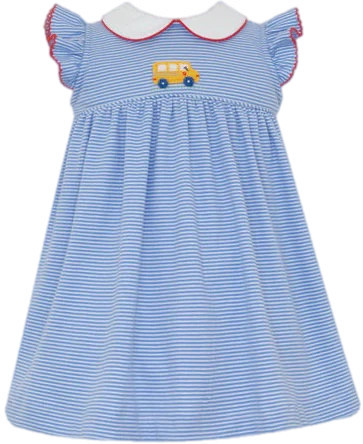 Petit Bebe Flutter-sleeve Collared Dress with applique - School Bus | Persnickety