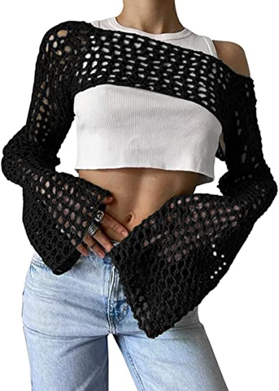 Aimiray Women's Sexy Mesh Crochet Crop Top Hollow Out Beach Cover Ups See Through Long Sleeve Y2k... | Amazon (US)