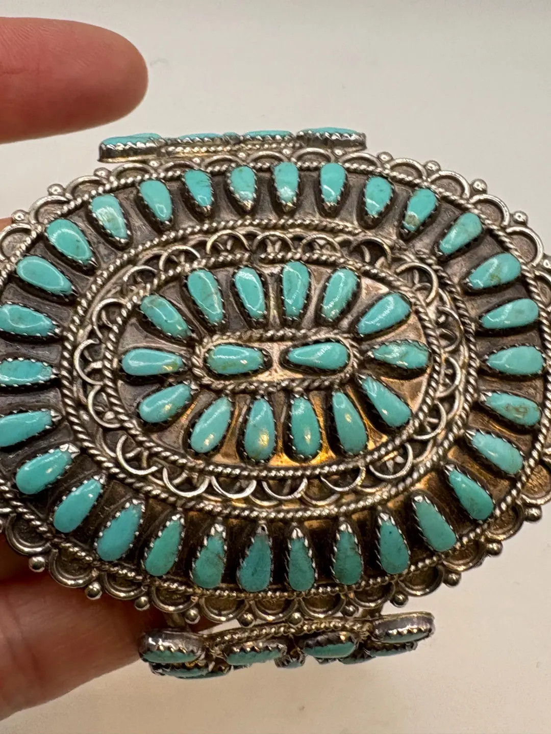Handmade, cluster squash blossom style sterling silver Navajo, turquoise flower bracelet, cuff st... | Etsy (US)