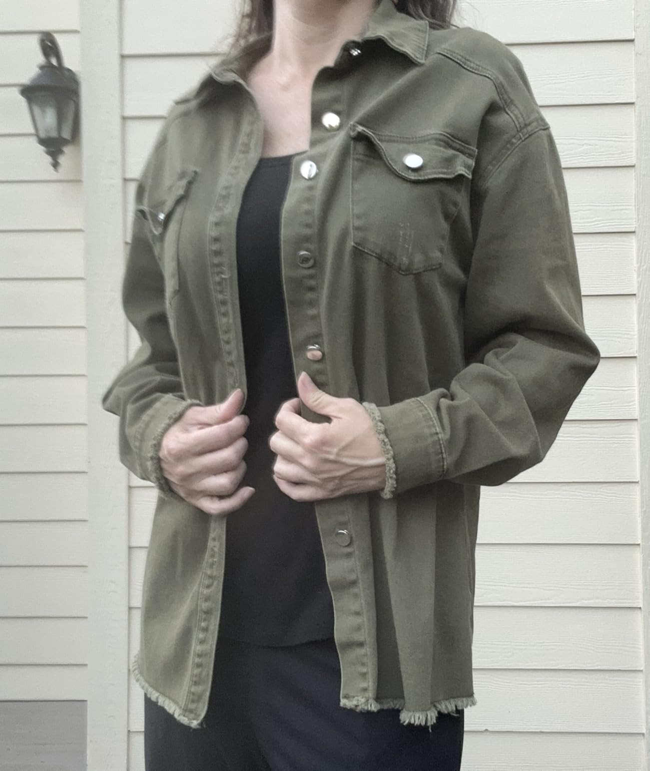 Womens Oversized Button Down Frayed Hem Denim Shacket Casual Long Sleeve Jean Jackets 2025 Spring... | Amazon (US)