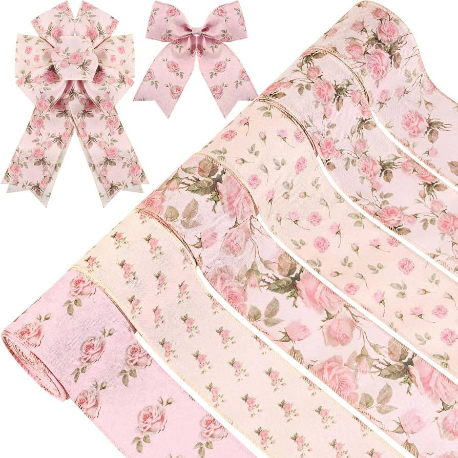 6Rolls Vintage Rose Wired Edge Ribbon Pink Floral Printed Fabric Ribbon for Gift Wrapping Bow Wre... | Amazon (US)