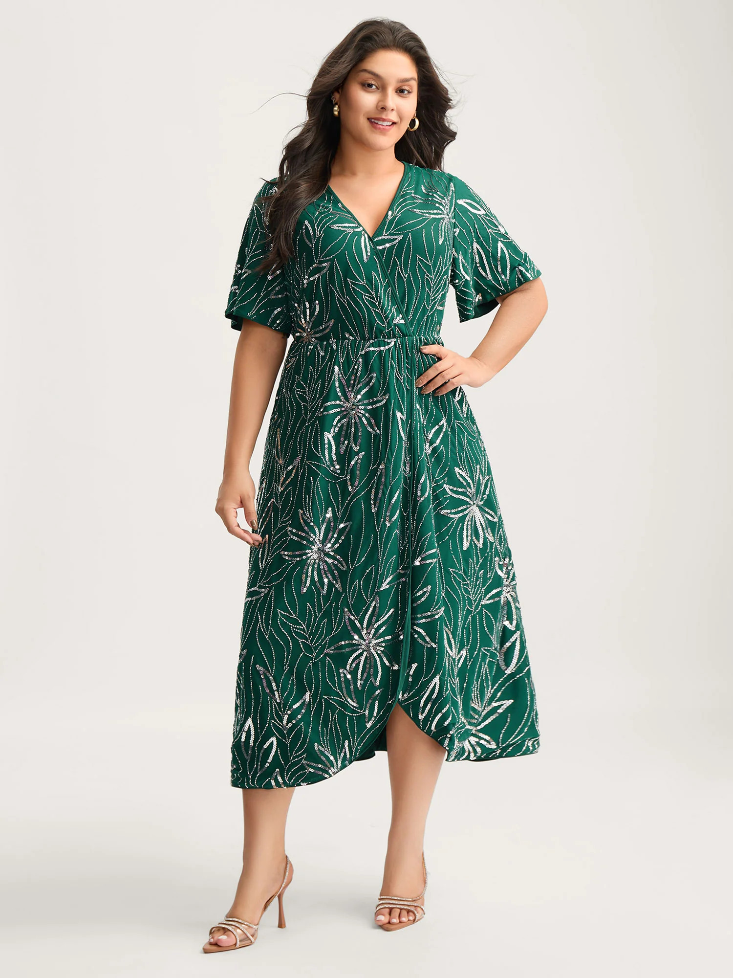 Sequin Embroidered Surplice Neck Pockets Midi Dress | Bloomchic