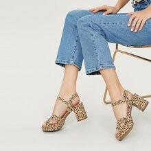 Cheetah Cross Band Platform Chunky Heel Sandals | SHEIN