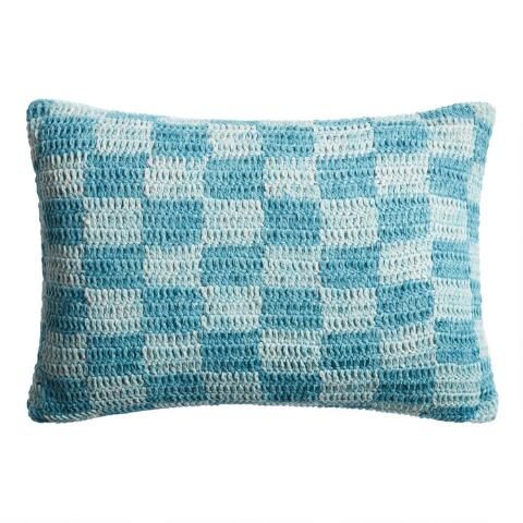 Aqua Crocheted Check Indoor Outdoor Lumbar Pillow | World Market
