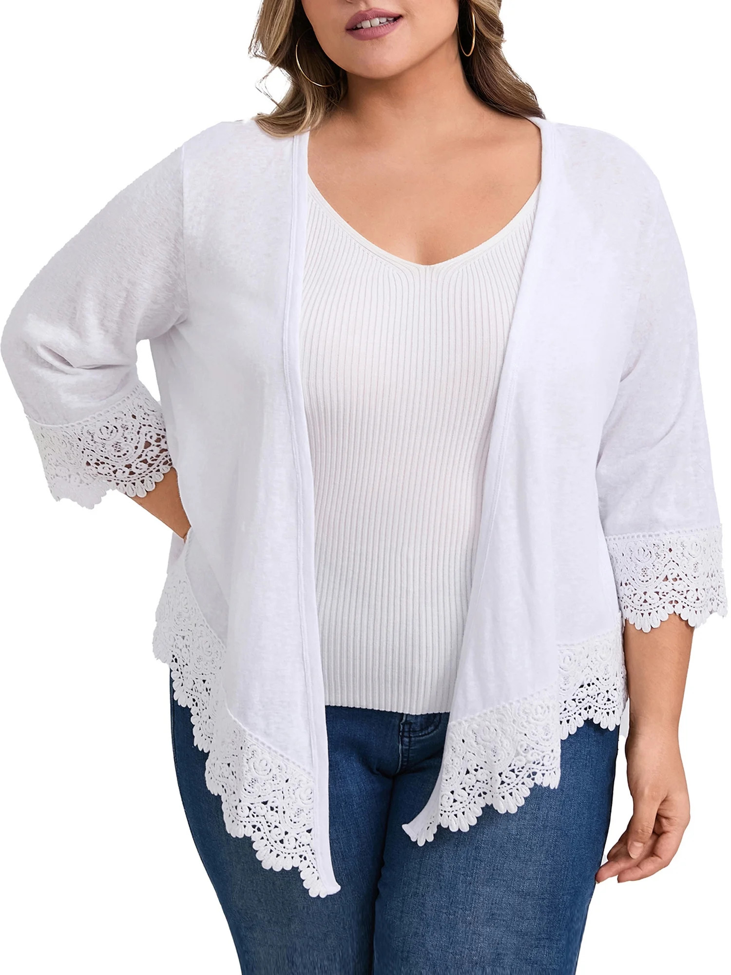 GRACE & GRANDEUR Women's Plus Size Cardigan Knit Lace Shrug Cover Up 3/4 Sleeve Open Front Cardig... | Walmart (US)
