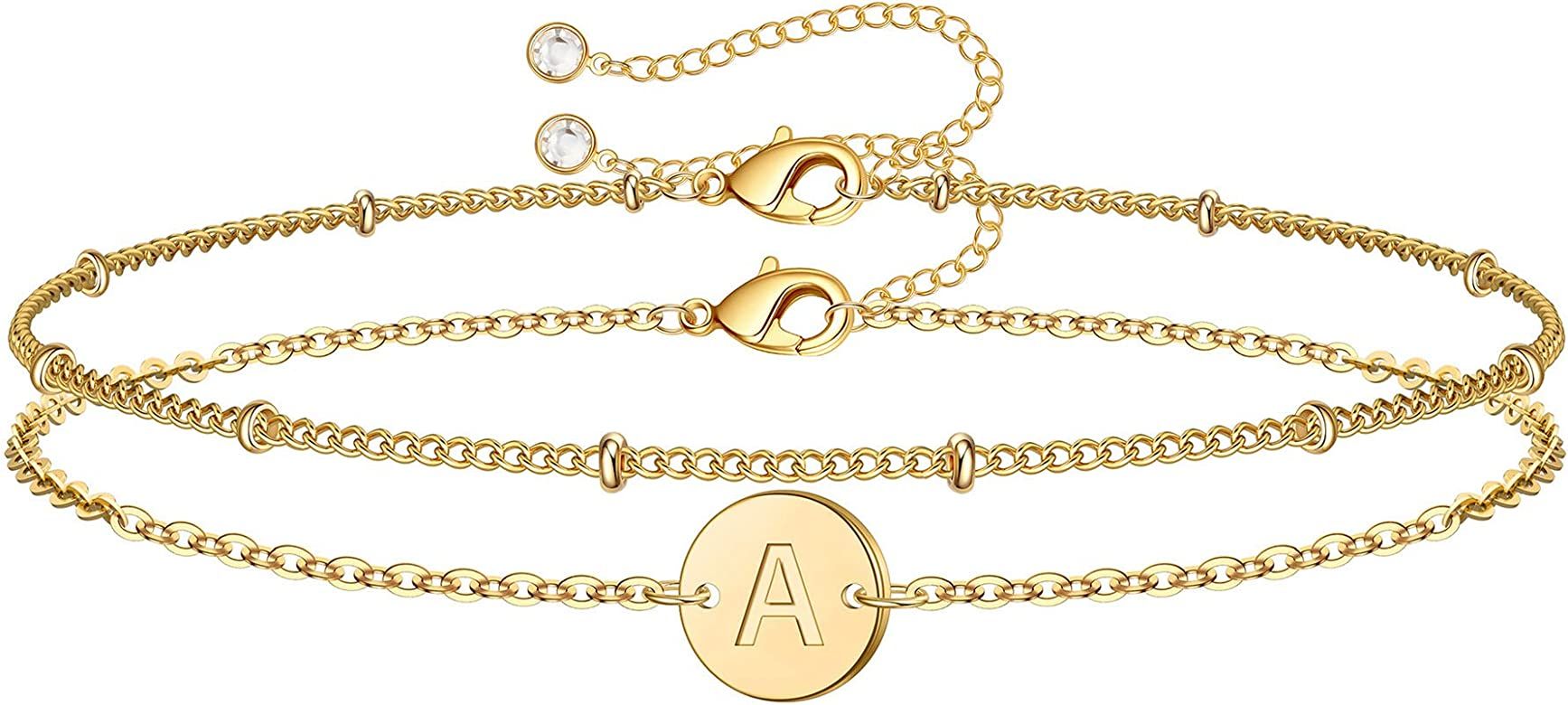 Gold Initial Bracelets for Women Valentines Day Gifts, Dainty 14K Gold Filled Layered Beaded Lett... | Amazon (US)
