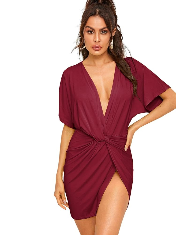 Floerns Women's Deep V Neck Twisted Plunging High Slit Mini Party Dress | Amazon (US)