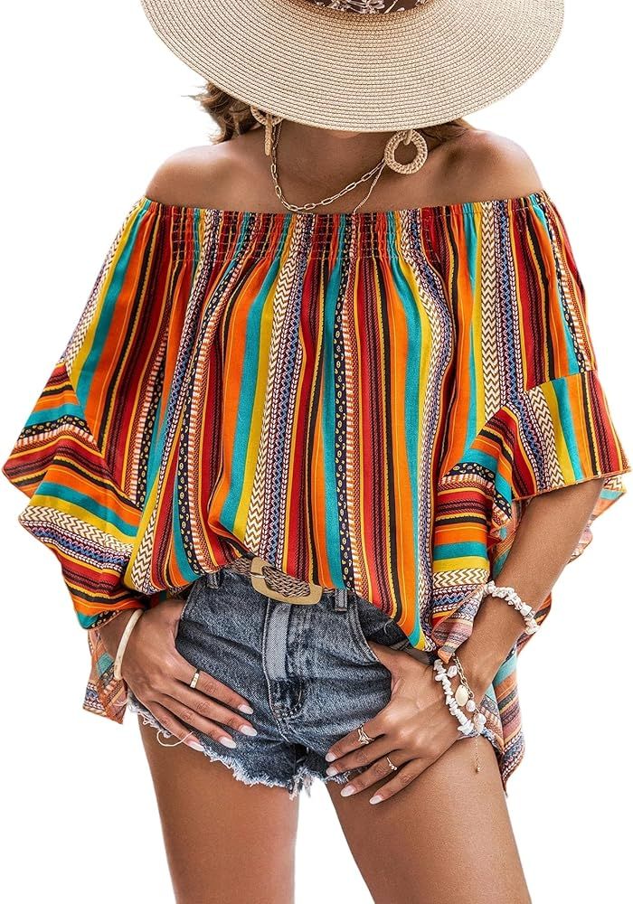 Womens Off The Shoulder Striped Half Batwing Bell Sleeve Blouse Casual Boho Shirred Sexy Tops | Amazon (US)