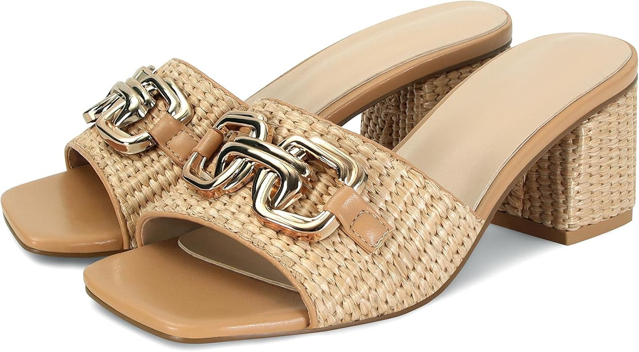 SOVANYOU Raffia Sandals Women Block Heel Sandals Square Open Toe Mule Heels Slip On Beach Heels S... | Amazon (US)