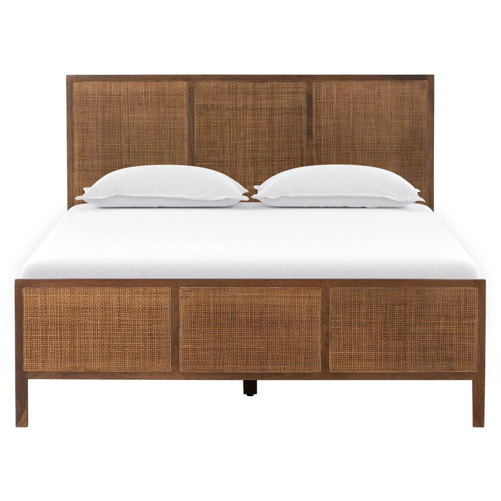 Rhian Coastal Beach Dark Brown Woven Cane Mango Wood Frame Bed - Queen | Kathy Kuo Home