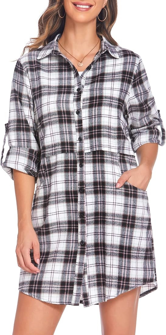 Hotouch Womens Flannel Plaid Shirts Roll Up Long Sleeve Pockets Mid-Long Casual Boyfriend Shirts | Amazon (US)