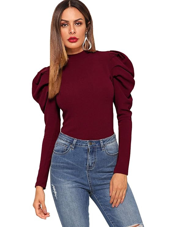 ROMWE Women's Elegant Mock Neck Keyhole Back Leg-of-Mutton Long Sleeve Blouse | Amazon (US)