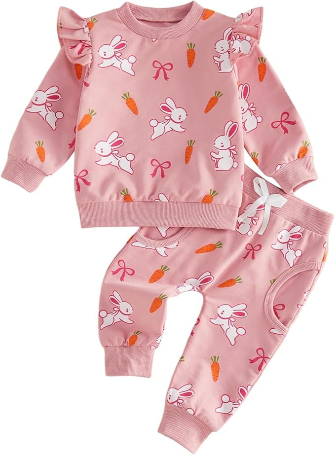 FYBITBO Toddler Baby Girl Easter Outfit Bunny Carrot Print Long Sleeve Ruffle Sweatshirt Pants Se... | Amazon (US)