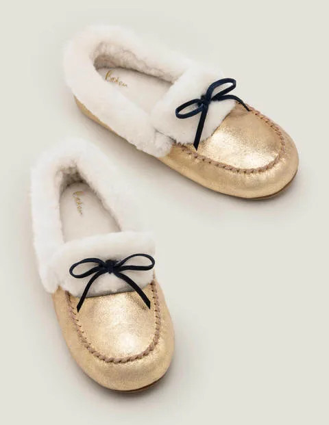 Shearling Moccasin Slippers - Gold Metallic | Boden (US)