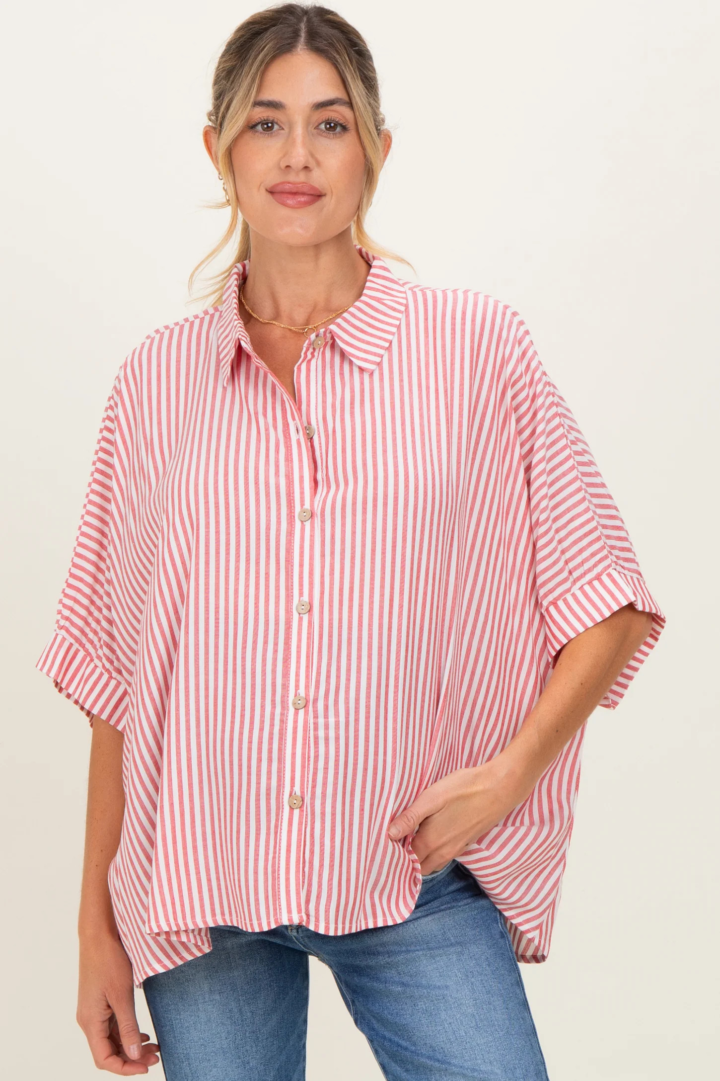 Red Striped Button Up Dolman Maternity Top | PinkBlush Maternity