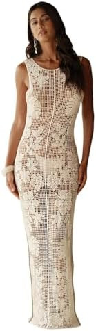 WDIRARA Women's Floral Crochet Sheer Cover Up Maxi Beach Dress Hollow Out Sleeveless Coverups Sli... | Amazon (US)