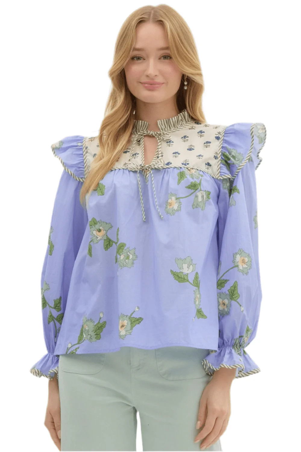 Periwinkle blue floral top with block print | Mulberry & King