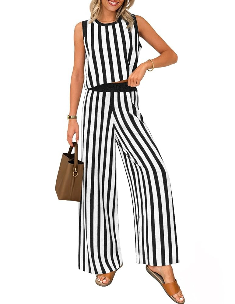 ZESICA Women's Summer Two Piece Outfits Crop Tank Tops and Wide Leg Pants Striped Lounge Travel S... | Amazon (US)