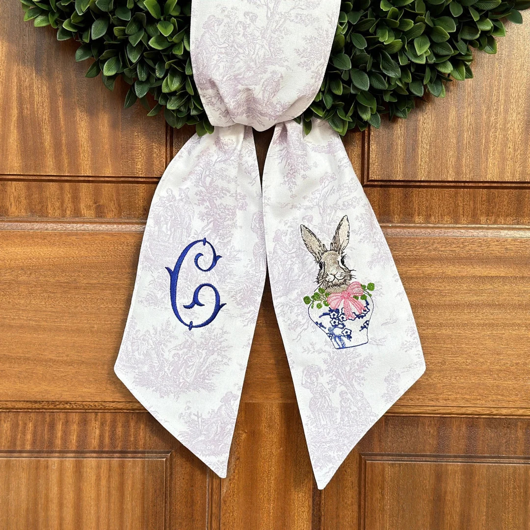 Personalized Lavender Toile Sash for Front Door, Custom Chinoiserie Spring and Easter Bunny Monog... | Etsy (US)