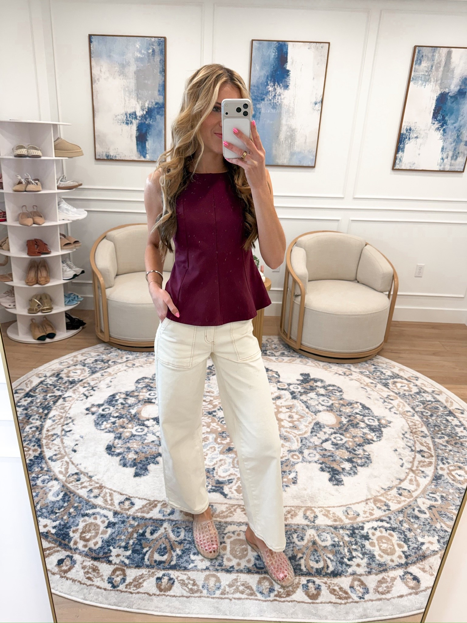 This burgundy peplum top from Kohl’s paired with cream wide leg jeans is the most unexpectedly polished outfit 🍷✨ Sleeveless, structured peplum silhouette, subtle embellishment detail, and that rich burgundy tone that elevates everything — styled with clear woven flats for the perfect effortless finish. A top this good for a Kohl’s price is unreal.

#LTKWorkwear #LTKootd #LTKSeasonal
