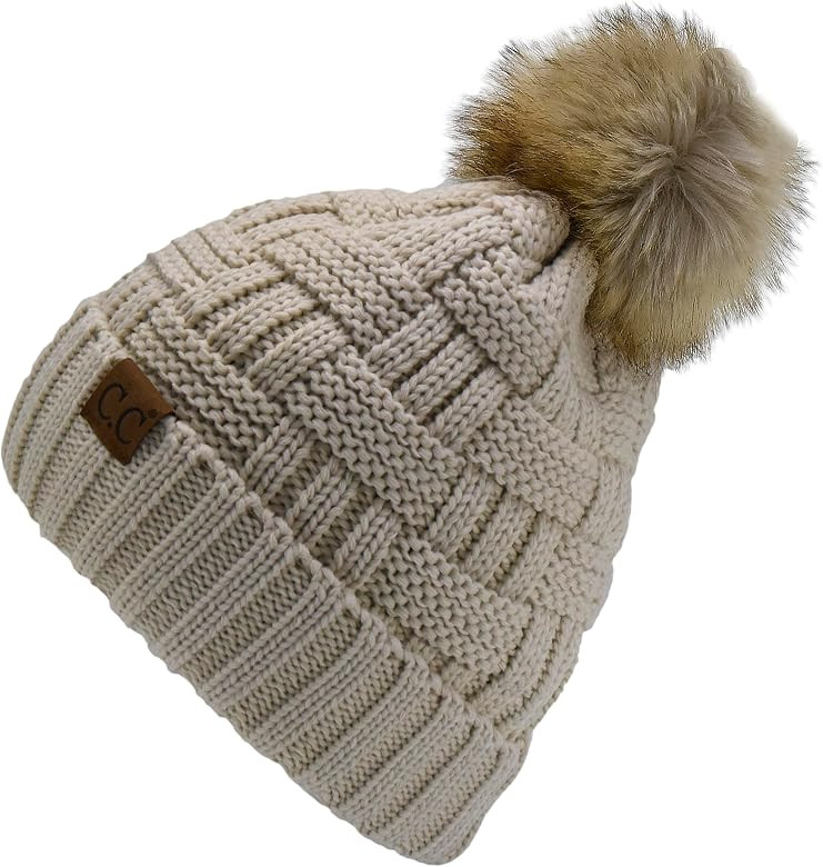 C.C Fuzzy Sherpa Fleeced Lined Double Ribbed Basket Weave Knitted Stretch Pom Beanie Hat | Amazon (US)