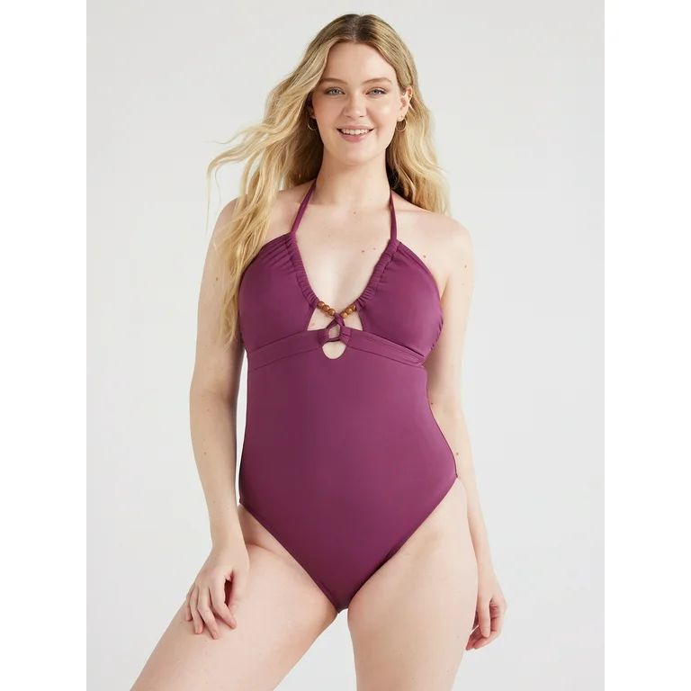 Time and Tru Women's and Women's Plus Beaded Tunnel Halter One Piece Swimsuit, Sizes XS-3X | Walmart (US)