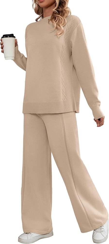 SuperPrity Women Sweater Sets Long Sleeve 2 Piece Outfits Mock Neck Cable Knit Pullover Tops Wide... | Amazon (US)